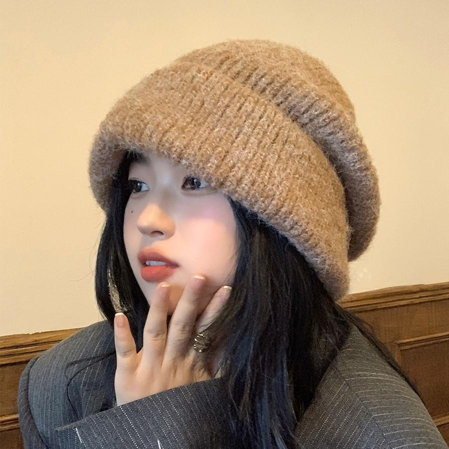 Wool blend mixed color lengthened plush feeling large version thickened stacking hat women's cold hat head hat small face wool hat