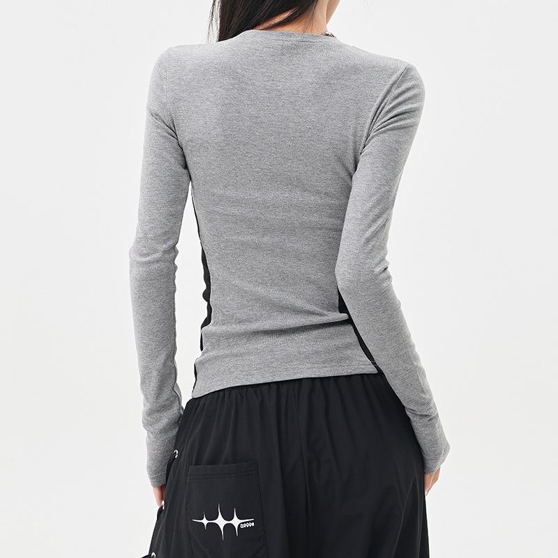 Thermal Velvet Color Block Round Neck Slim Fit Long Sleeve T-shirt for Women - Autumn Winter Waist-cinching Top