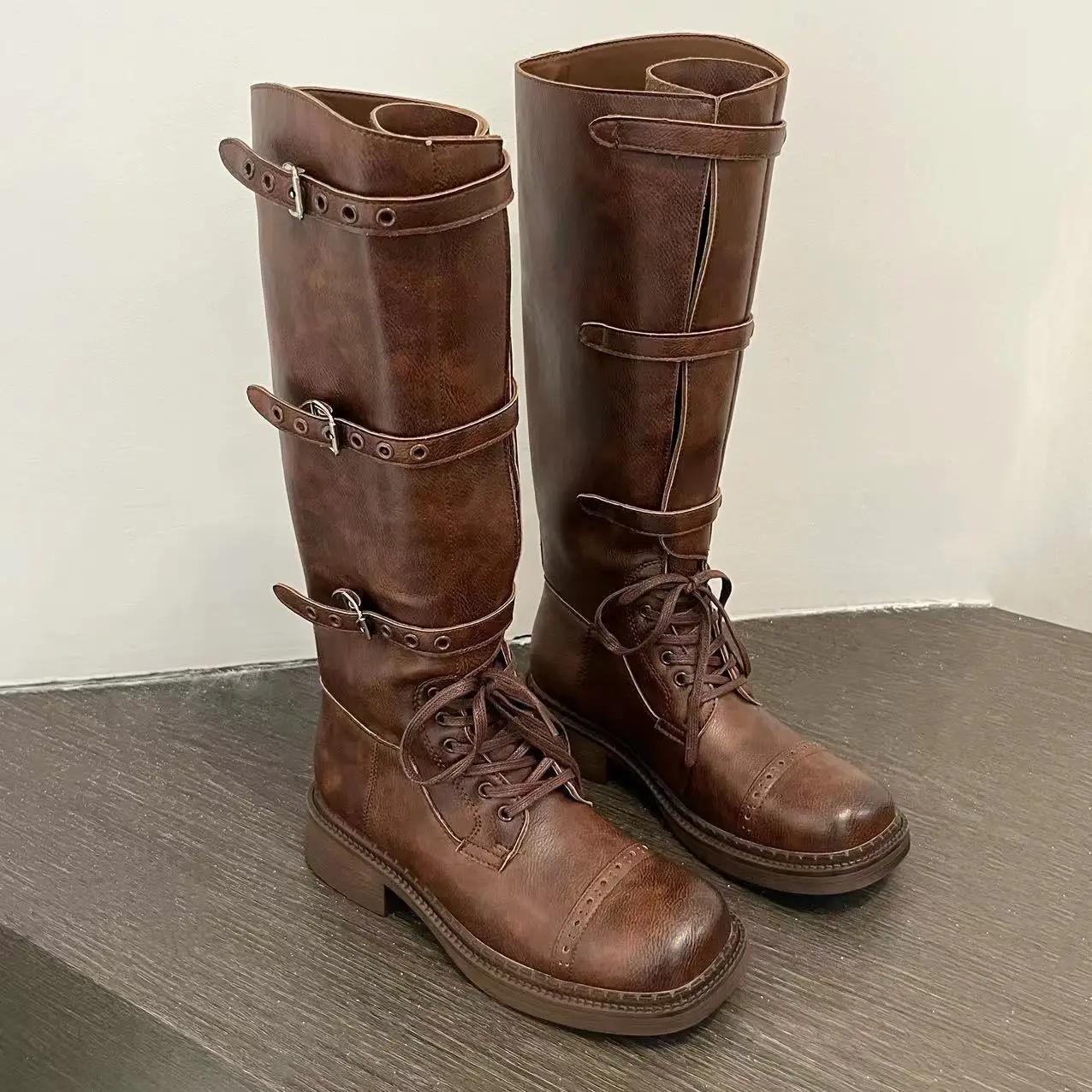 

Новые осенние винтажные сапоги 2025 года Женские ковбойские сапоги в западном стиле Дизайнерские сапоги на среднем каблуке Слипоны Длинные кожаные сапоги-рыцари Кавалерийские сапоги 40 коричневый