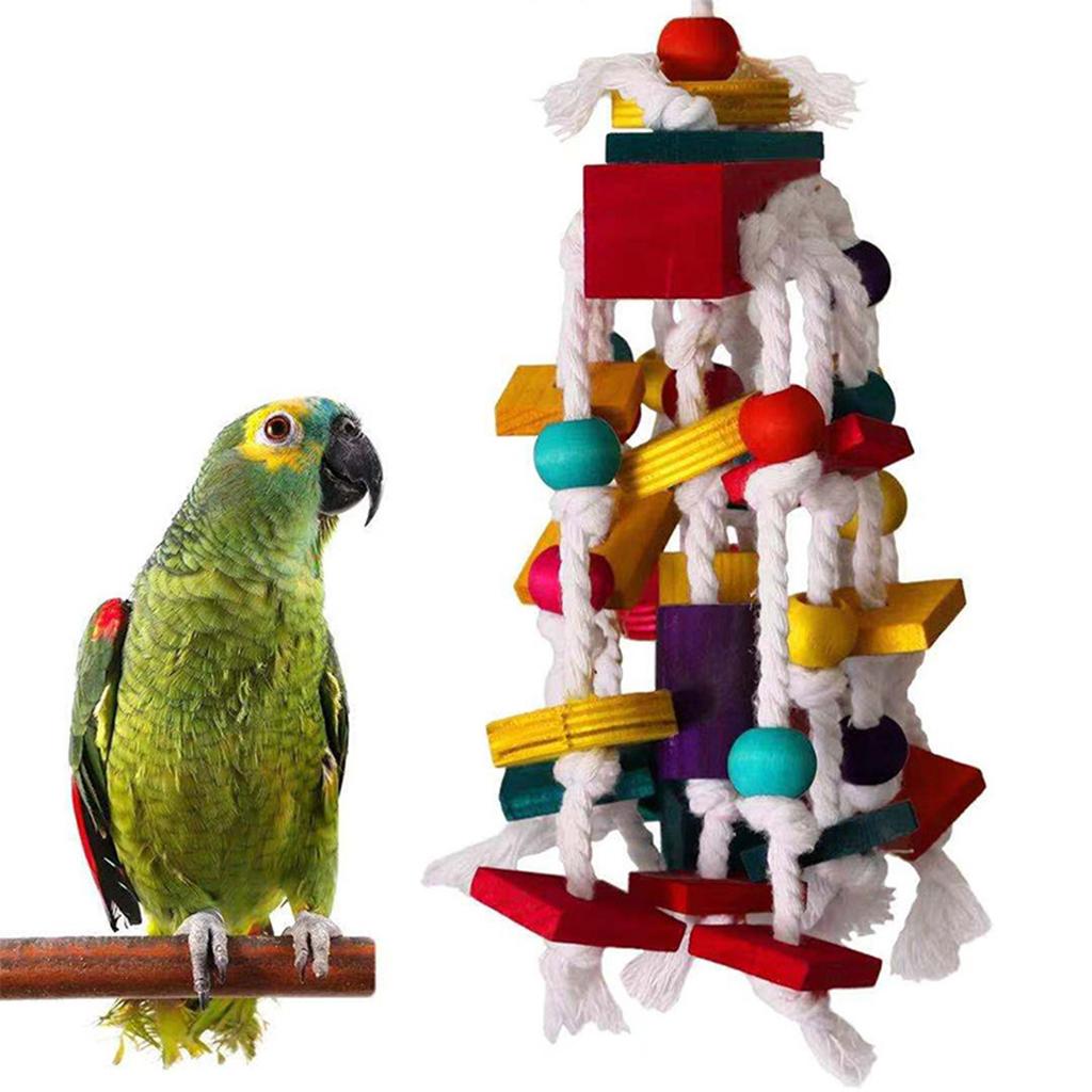 Juguete masticable para loro con cuerda de algodón y cuentas de colores Bloques de madera Combinación Juguete interactivo de rompecabezas para pájaros para pájaros medianos y grandes