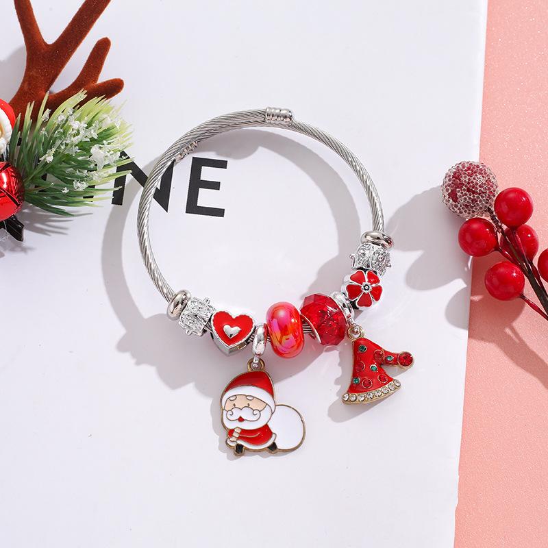 

Christmas Stainless Steel Bracelet For Girls Snowflake Reindeer Crystal Beads Tree Charm Gift