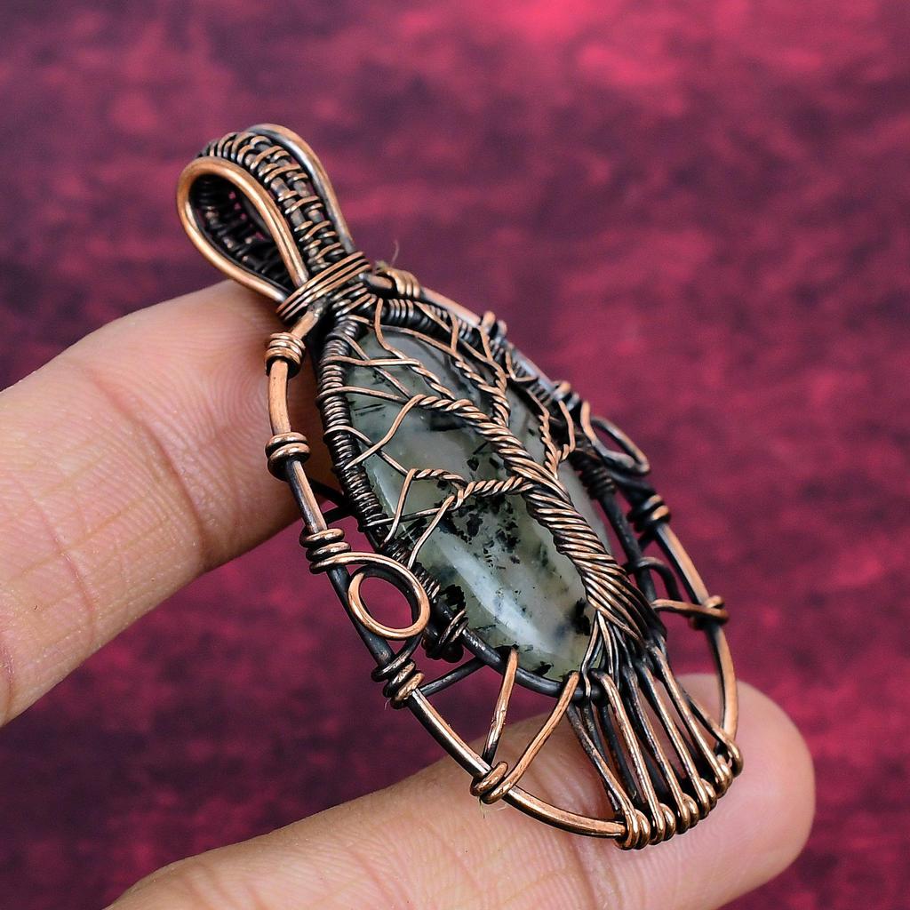 Tree Of Life Moss Prehnite Pendant Copper Wire Wrapped Pendant Gemstone Jewelry