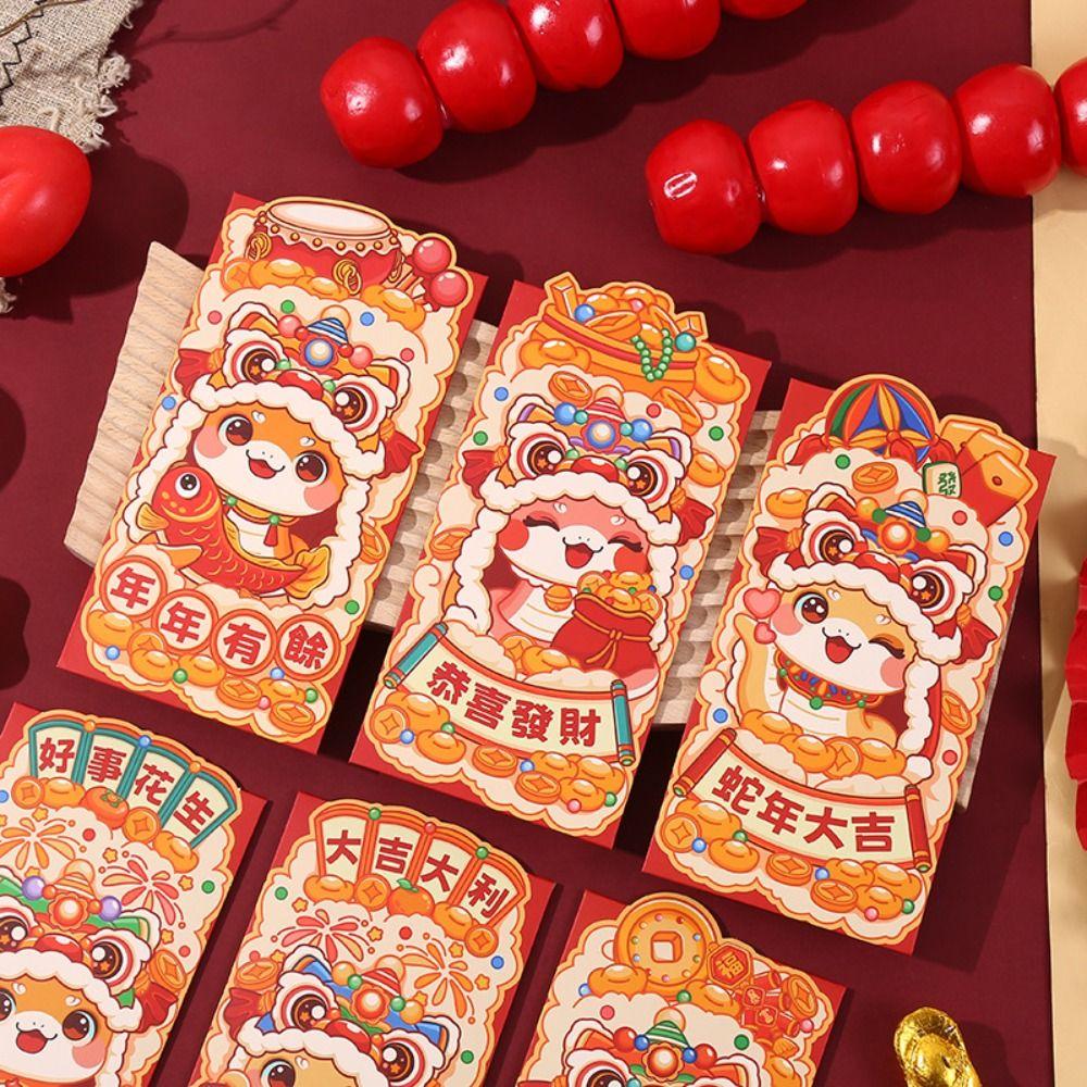 6pcs Traditional 2025 Snake Year Red Envelopes Cartoon Good Lucky Red Packets  Lunar New Year Gifts
