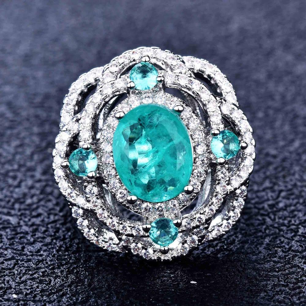 Open Ring Women Micro Paved Full Diamond High Carbon Pear Shaped Imitation Paraiba Ring