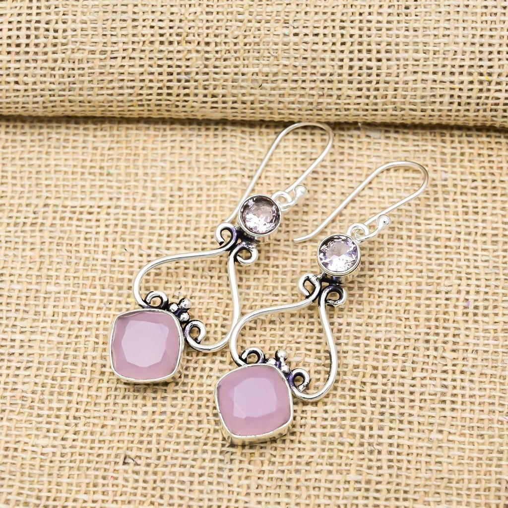 Pink Chalcedony, Kunzite Gemstone Handmade 925 Sterling Silver Jewelry Gorgeous Earrings Gift For Love