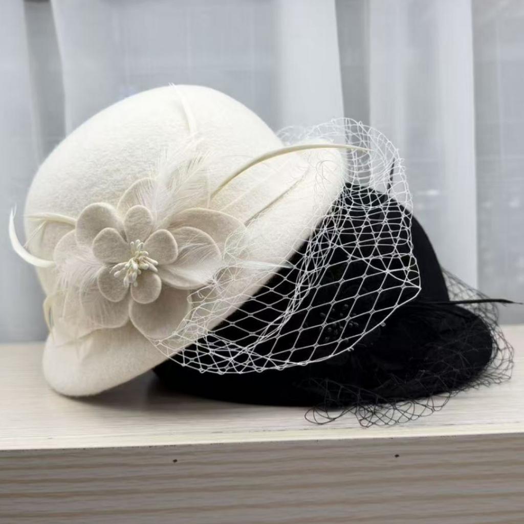 Internet celebrity sweet mesh camellia flower bucket hat female Hepburn style elegant top hat wool basin hat temperament shows small face