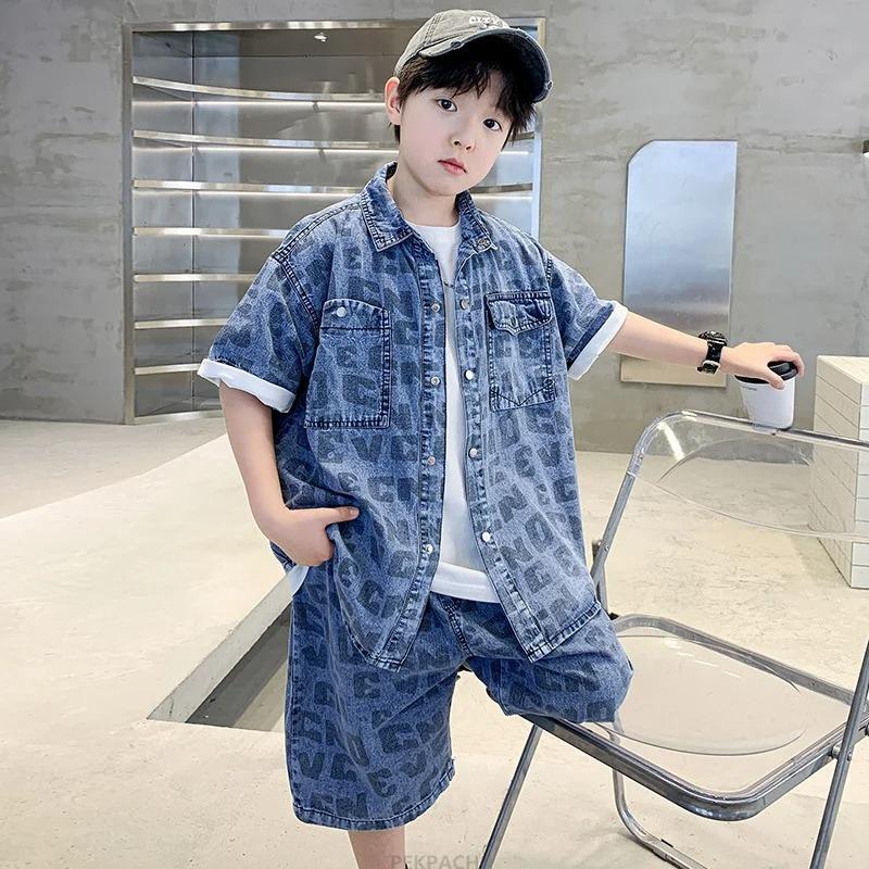 Conjunto de Ropa Casual de Verano para Niños Adolescentes Camisa y Pantalón Corto de Mezclilla Conjunto de 2 Piezas Adolescentes Niño Ropa Fresca Urbana Traje