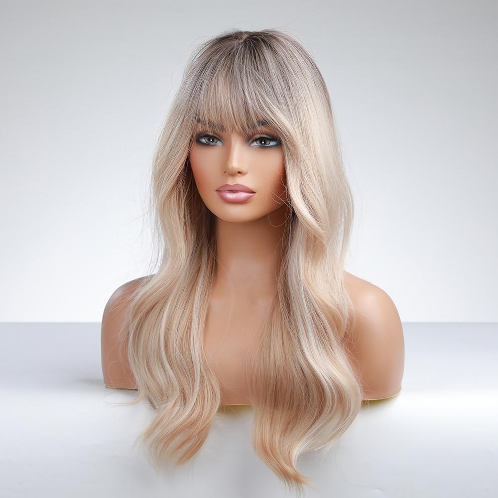 EASIHAIR Long Golden Blonde Ombre Wavy Synthetic Wigs for Women Cute Natural Hair Wigs with Bangs Heat Resistant Wigs Cosplay