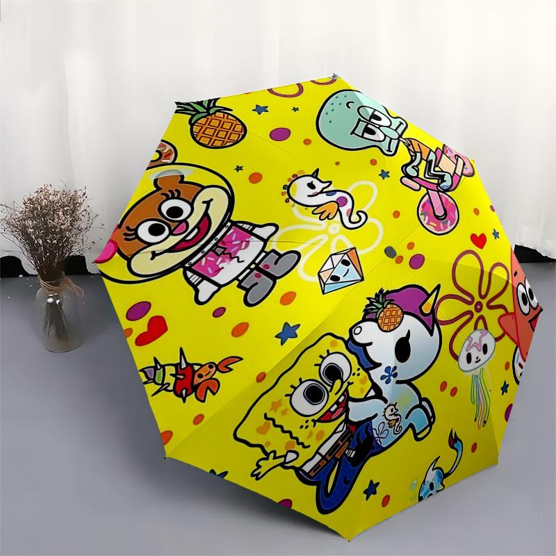 1pc SpongeBob SquarePants Automatic Opening Umbrella with Tokidoki Characters, Portable 3-Fold Design, 8-Bone Iron Frame, Outdoor for Fans, Travelers,
