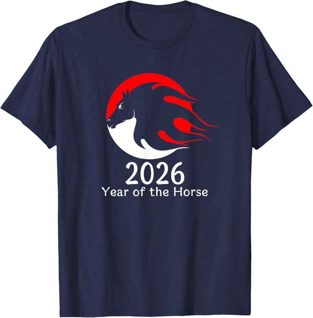 Year of The Horse 2026 Fire Horse Chinese Zodiac New Year Cool Trending Pattern Printed Tshirt Tops Crewneck Hortsleev Adult