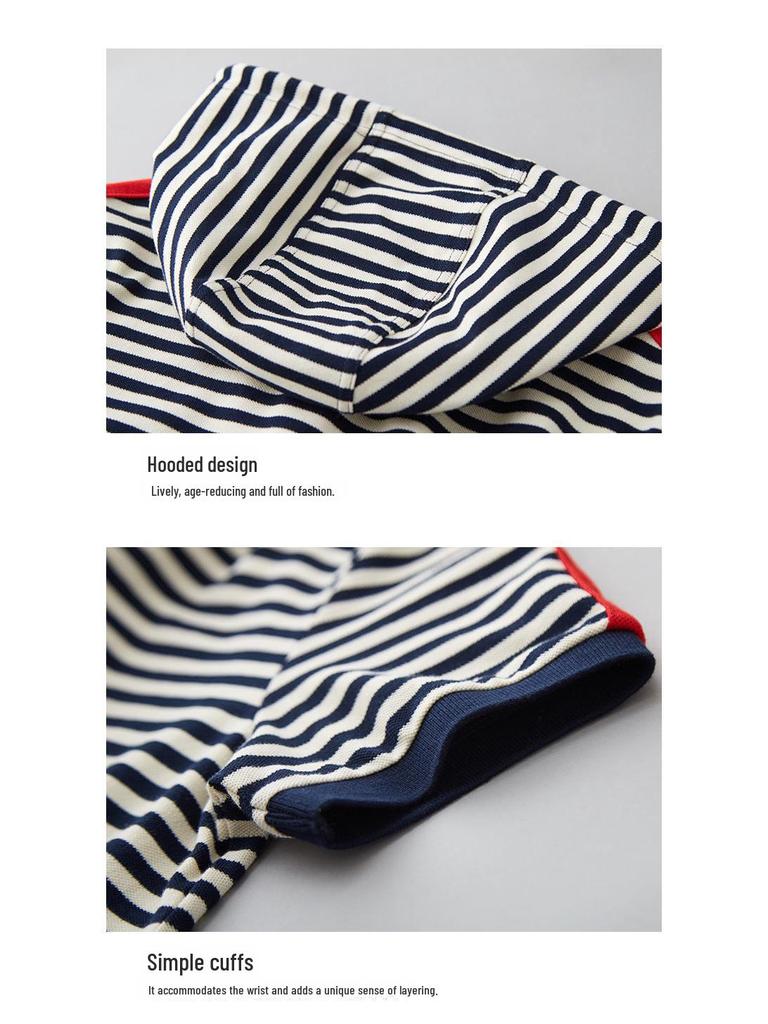 Sommer 2023 Damen Kurzärmeliges Elegantes Gestreiftes Kapuzen-Midikleid