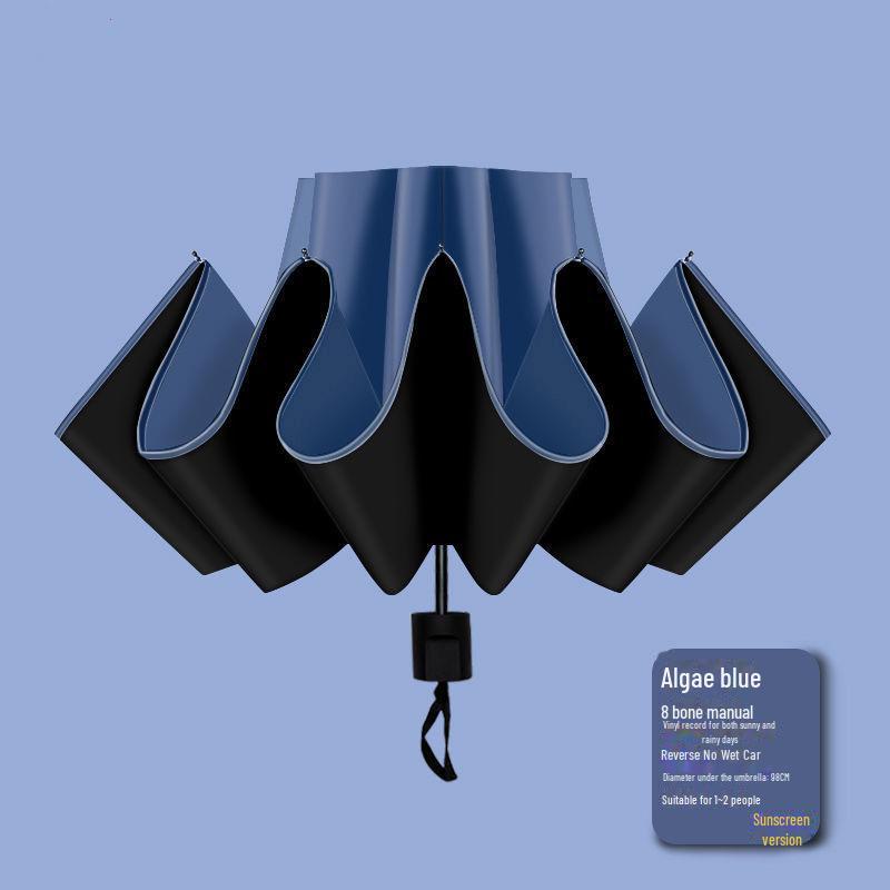 Black 16-Bone Automatic Three-Fold Dual-Purpose Umbrella for Sunny and Rainy Days - Large, Reinforced, Anti-Storm Design.