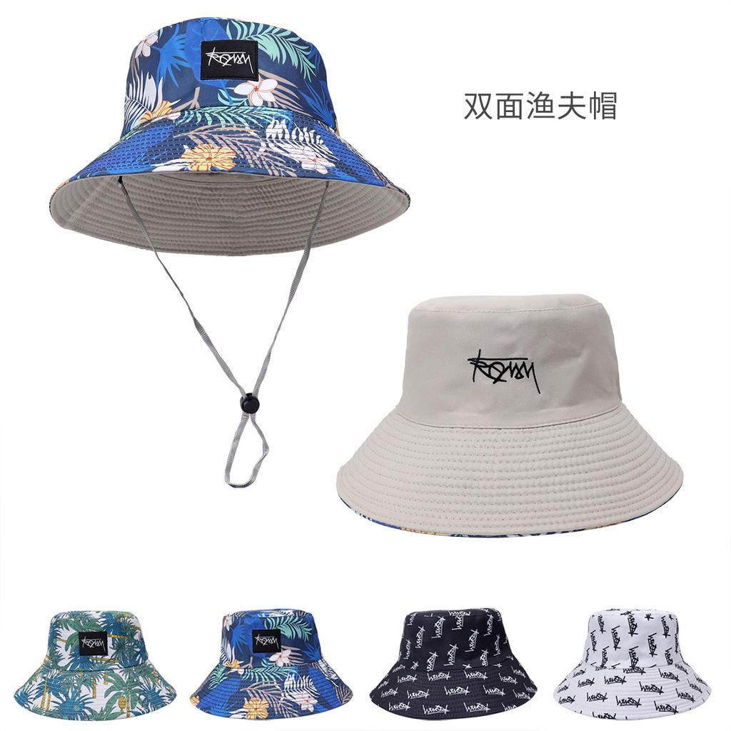 Summer New Double-sided Bucket Hat Men's and Women's Hawaiian Printed Sunshade Basin Hat Big Head Circumference Sunscreen Hat