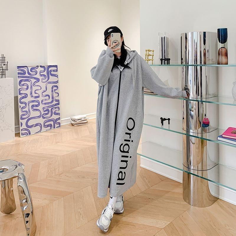 

Флисовый утолщенный длинный повседневный кардиган куртка большой размер 0 кг зимнее свободное платье на молнии женское L 80-60kg