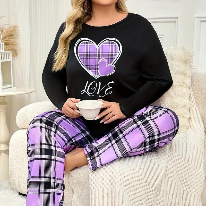 Plus-Size Curvy Women's Long-Sleeve Long-Pants Loose-Fit Casual Heart-Print T-Shirt Set