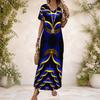 Women Plus Size V Neck Short Sleeve Black White Printed Straight Maxi Dress