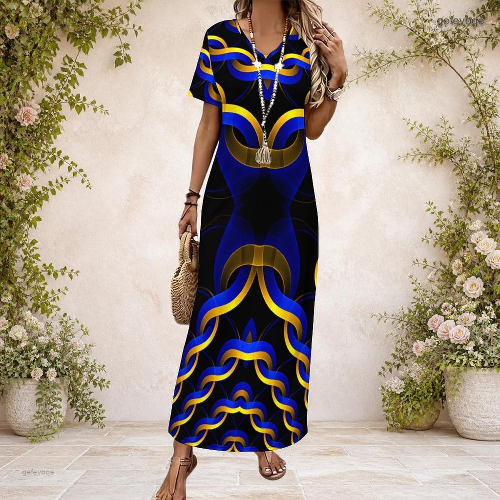 Women Plus Size V Neck Short Sleeve Black White Printed Straight Maxi Dress