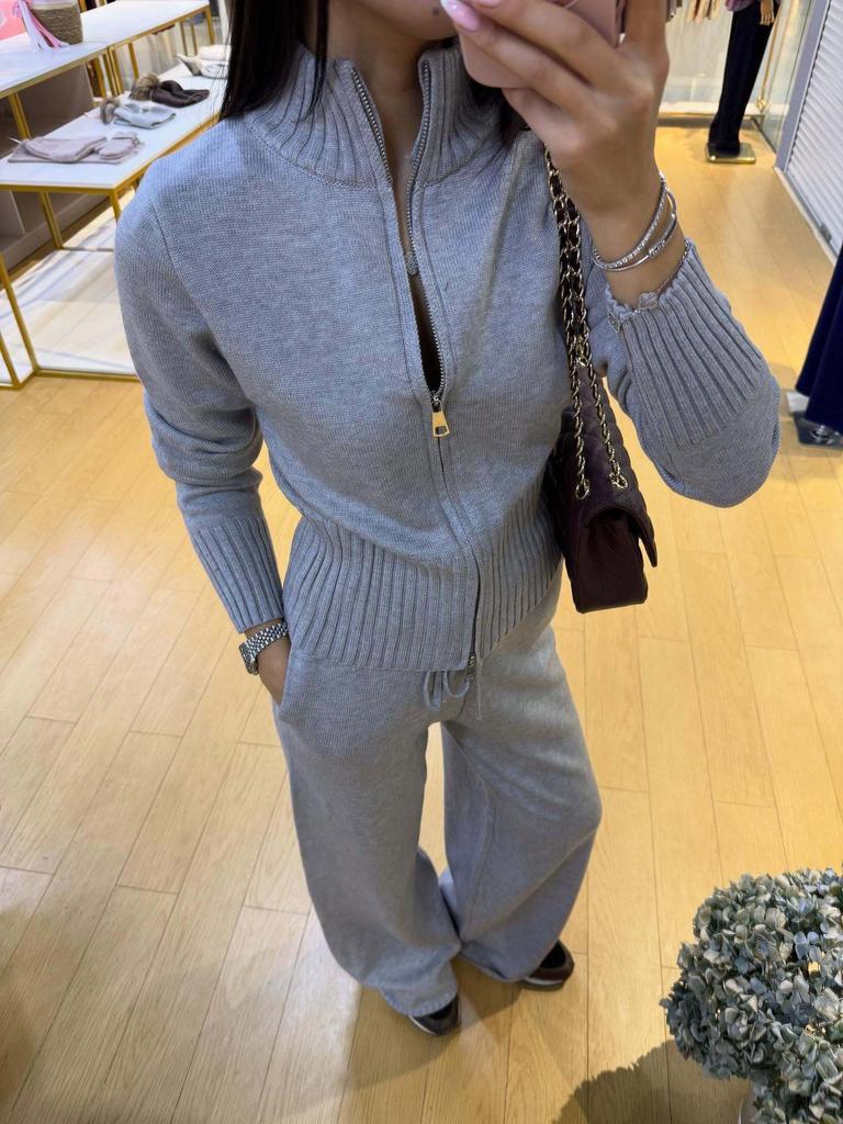 Feng Women's Stand Collar Knit Cardigan Set Slim Fit Zip-Up Crop Top & Pants 2 Piece Outfit Fall Winter