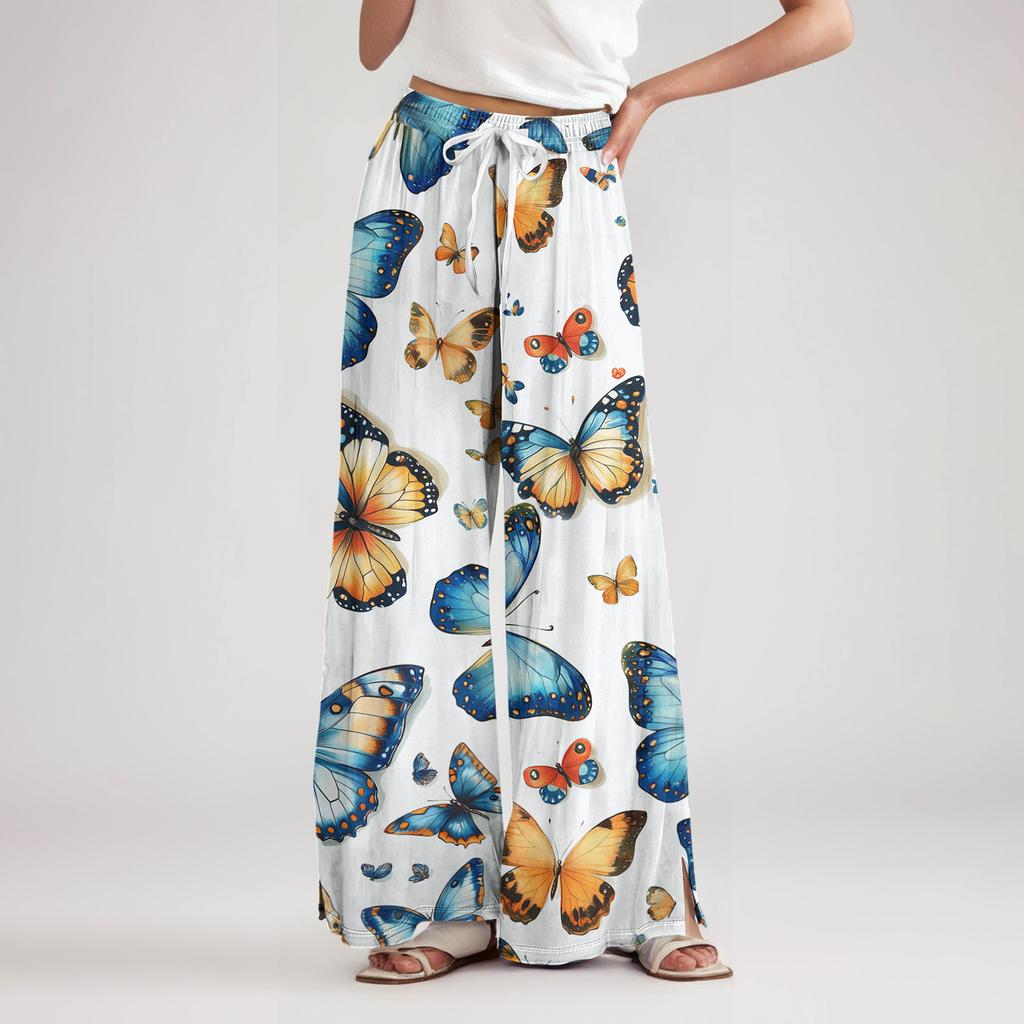 Women's Loose Casual Floral Print Wide Leg Pants With Elastic Waist Drawstring And Pocket Pants
