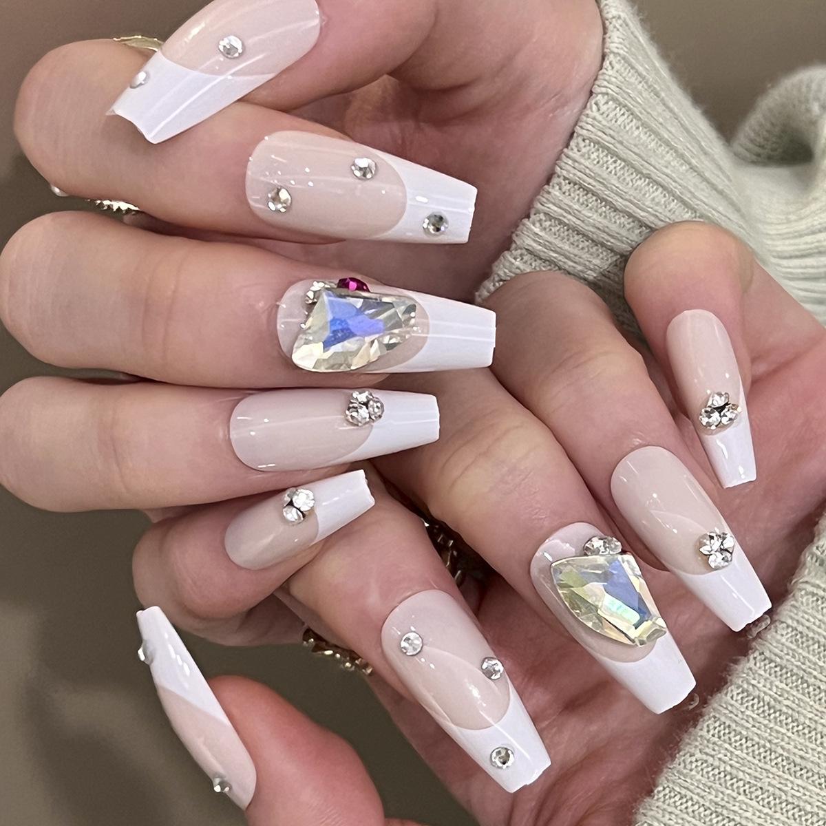 

Glittering French Style Rhinestone Detachable False Nails - Super Shiny Nail Art Tips JP3015 [Glue Version]