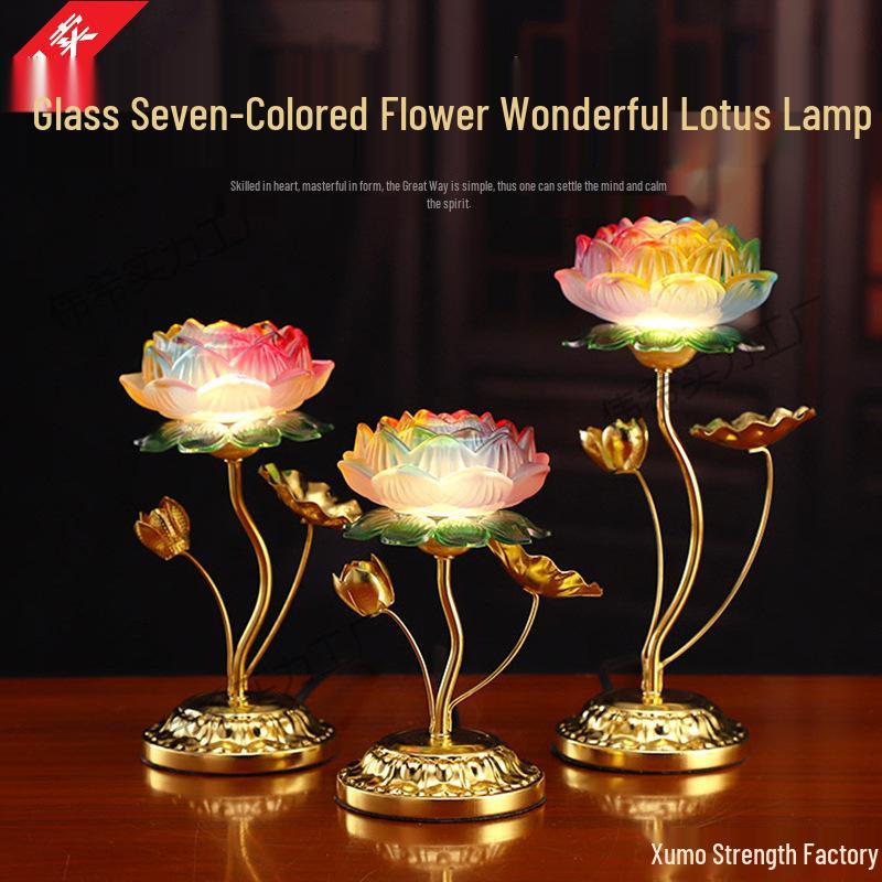 Lotus Lantern Copper Alloy Seven-Color Offering Lamps - Pair