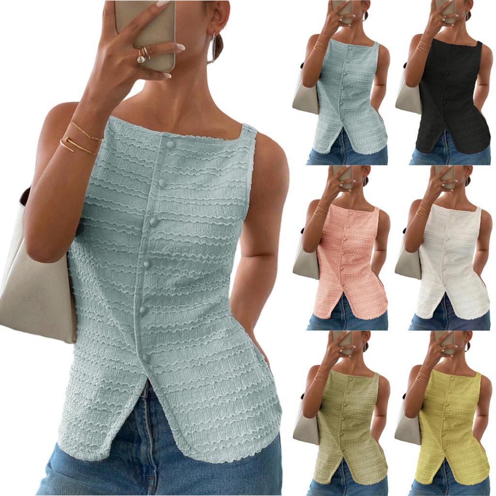 Top Colete Feminino Fashion Colorido de Botão Único Gola Redonda Sem Mangas Slim Fit