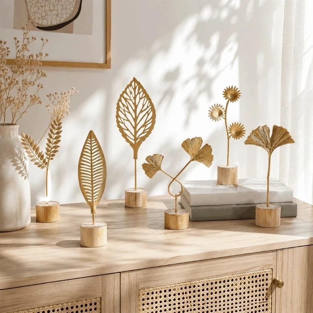 Flower Wrought Iron Ornaments Wood Base Ginkgo Leaf Ornament  Scandinavian Style