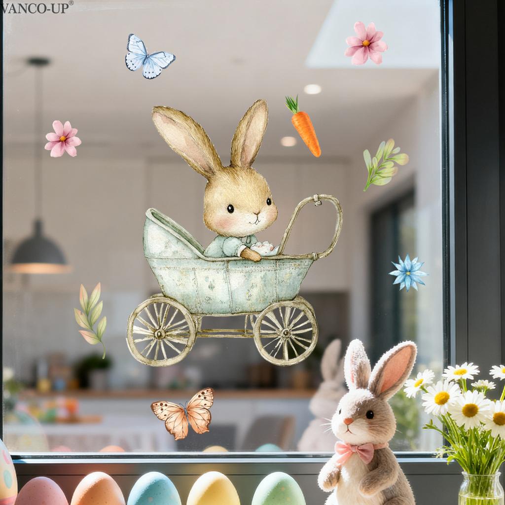 Easter Window Stickers, Creative Cute Floral Bunny Eggs Decor, Static Cling Glass Decals for Bedroom Living Room Holiday Decoration