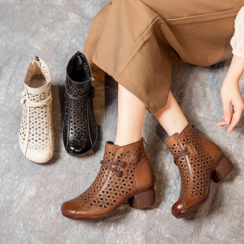 2025 Summer Genuine Leather Peep-Toe Perforated Mid-Heel Sandals - Women's Retro Chunky Heel Martin Boots.