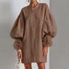 Women's Color Round Neck Mesh Panel Sleeve Loose Fit Midi Dress
