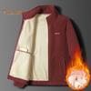 Men Jacket Stand Collar Long Sleeve Thickened Velvet Lined Warm Winter Coat with Pockets Zipper Placket Cotton Jacket