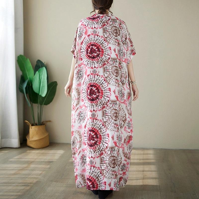 Short Sleeve Plus Size Cotton Satin Vintage Floral New In Dresses for Women Casual Loose Long Summer Dress