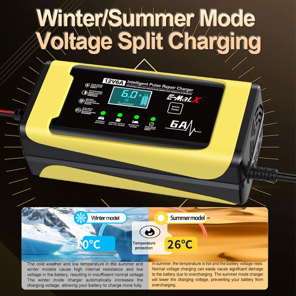 12V 6A Car Battery Charger 110-240V Power Puls Repair Charger Wet Dry Lead Acid Battery LED Display Moto Truck Battery Charger