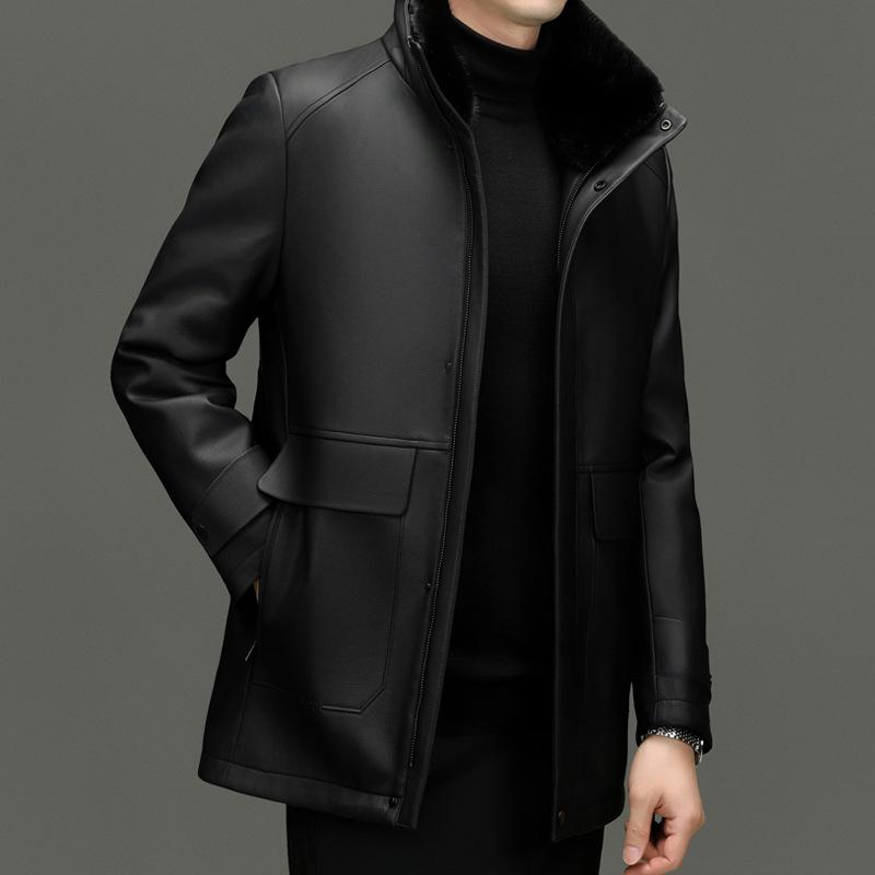 

Мужская куртка из натуральной кожи, средней длины, утепленная, со съемным пуховым вкладышем, зимняя куртка для вечеринок, кожаная куртка среднего возраста с меховым воротником 170