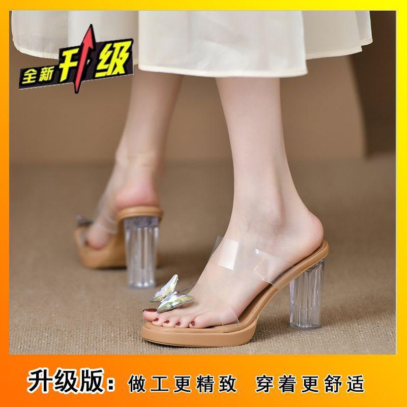 

Bow thick-soled waterproof table sandals girl 2025 summer fairy wind transparent word with toe high heel cool slippers 40