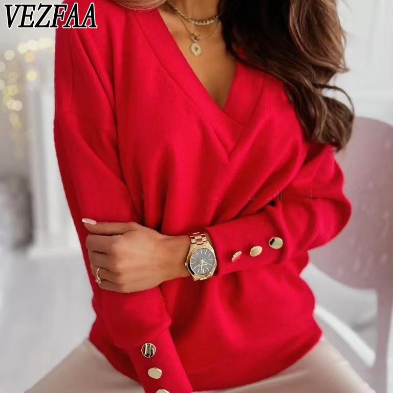 

VEZFAA Женская мода Повседневная весна-осень Однотонные принты Длинные рукава V-образный вырез Блузки и рубашки