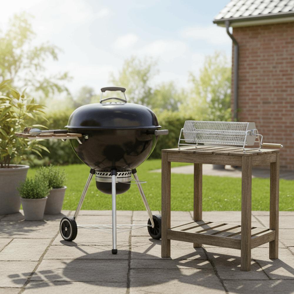 with Wood Handle Rolling BBQ Grill Mesh Basket Stainless Steel Grill Rotisserie Basket Picnic