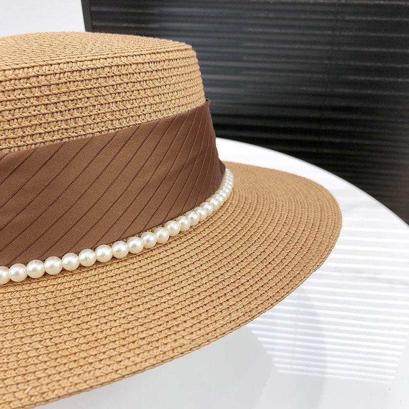 Elegant French-Style Women's Sun Hat | Natural Straw Woven with Pearl Accents | Flat Top Design for UV Protection Beach Hat