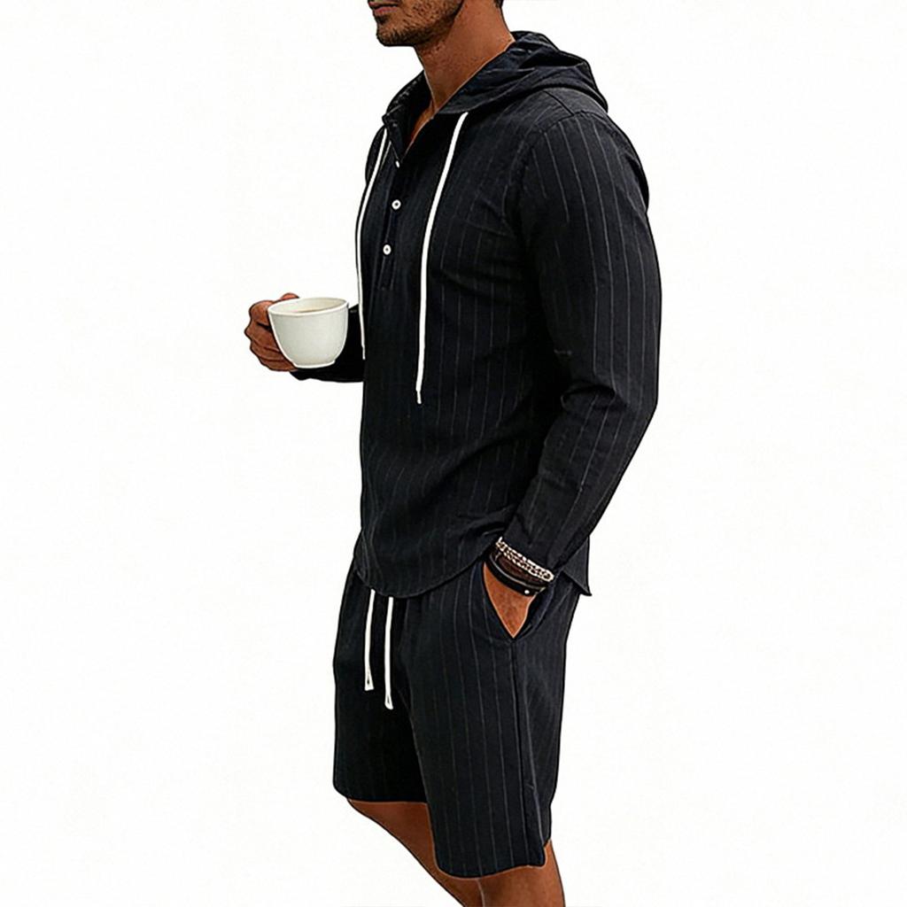 Men's Casual Long-sleeved Tooling Shirt Multi-pocket Shorts Set