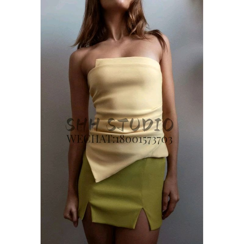Spring New Women's Clothing Asymmetric off-Shoulder Design Ruched Decoration Tube Top Tops 0085320 0085800