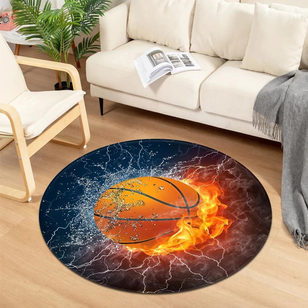 Kulatý koberec s potiskem míčových sportů Voda a oheň Cool koberec do chlapeckého pokoje Obývací pokoj Rohožka Dekorace Herní židle Protiskluzová podlahová rohož