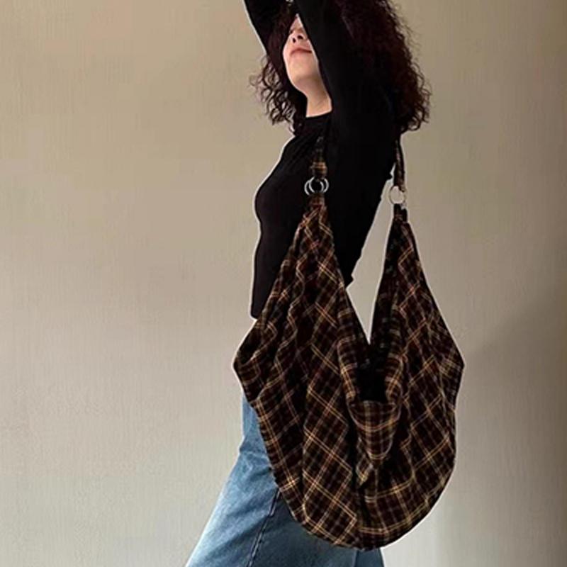 Vintage Karomuster Große Kapazität Trendiger Lässiger Tragetaschen-Rucksack Vielseitige Handtasche Übergroße Canvas Achseltasche Schottischer Stil