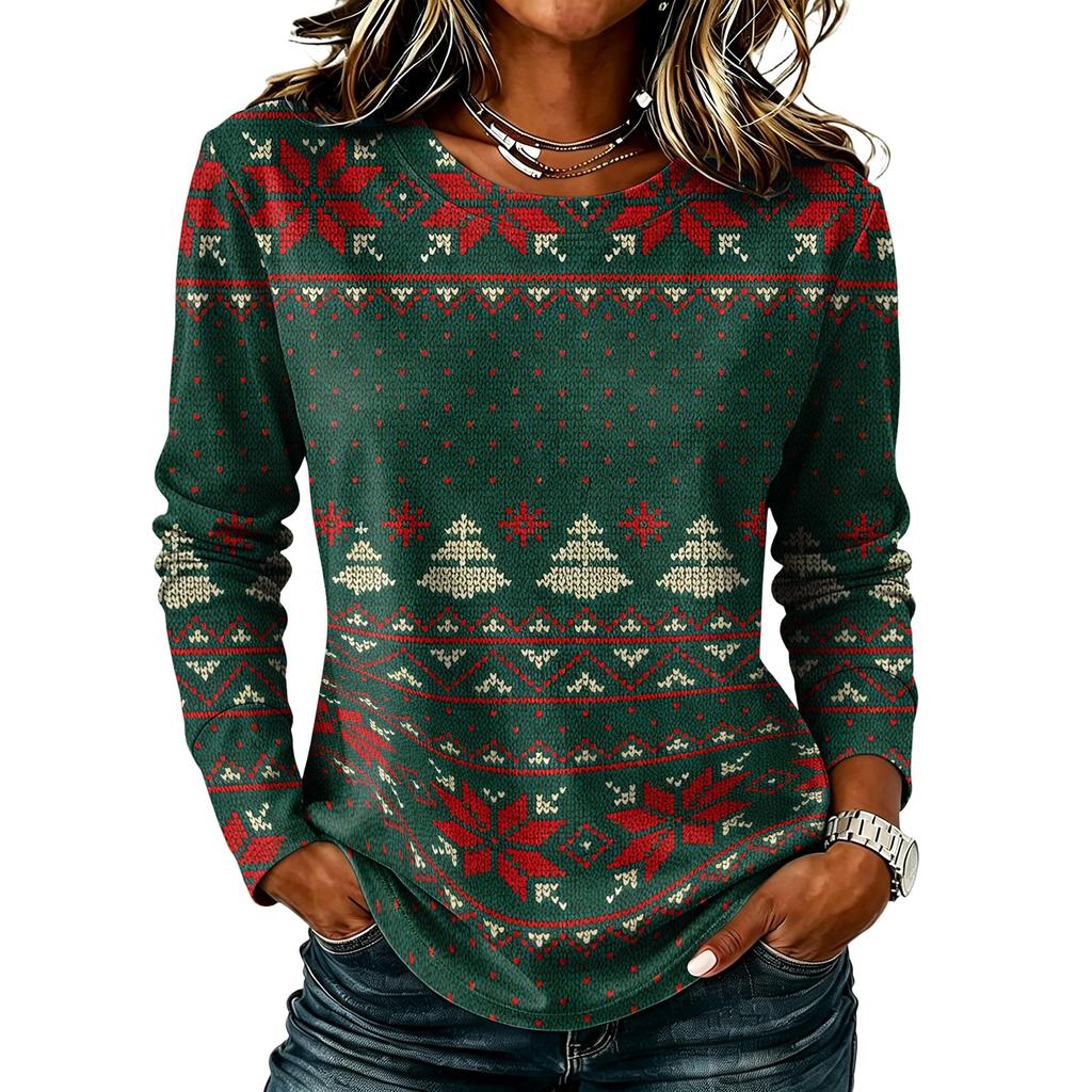 Women's Stylish Casual Christmas Print Long Sleeve Neck Top for Winter Holiday