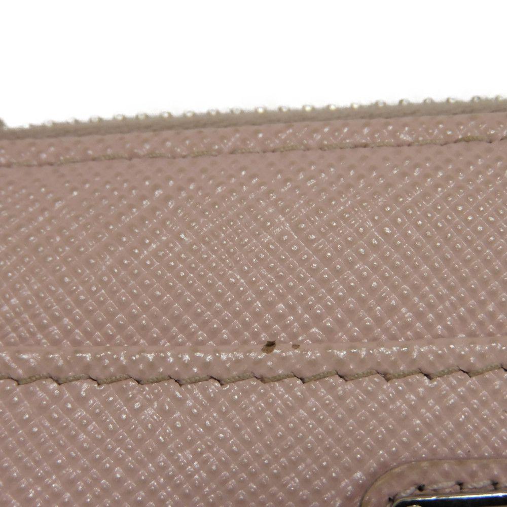 Used Saffiano Keychain 11569 1PP122 7943 L-shaped Zipper Key Ring with Card Case and RFID Triangle Logo, Pink, Women's