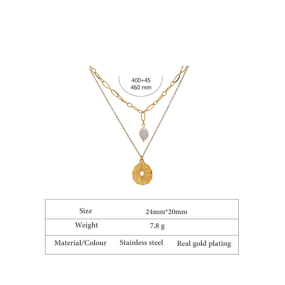 Yhpup Statement Round North Star Layered Pendant Necklace for Women Golden Stainless Steel Natural Pearl Chain Collar Necklace