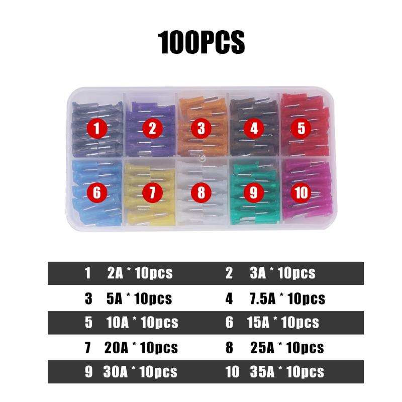 100/50Pcs Profile Medium Size Blade Type Fuse Assortment Set for Auto Car Truck 2/3/5/7.5/10/15/20/25/30/35A Fuse with Box Clip