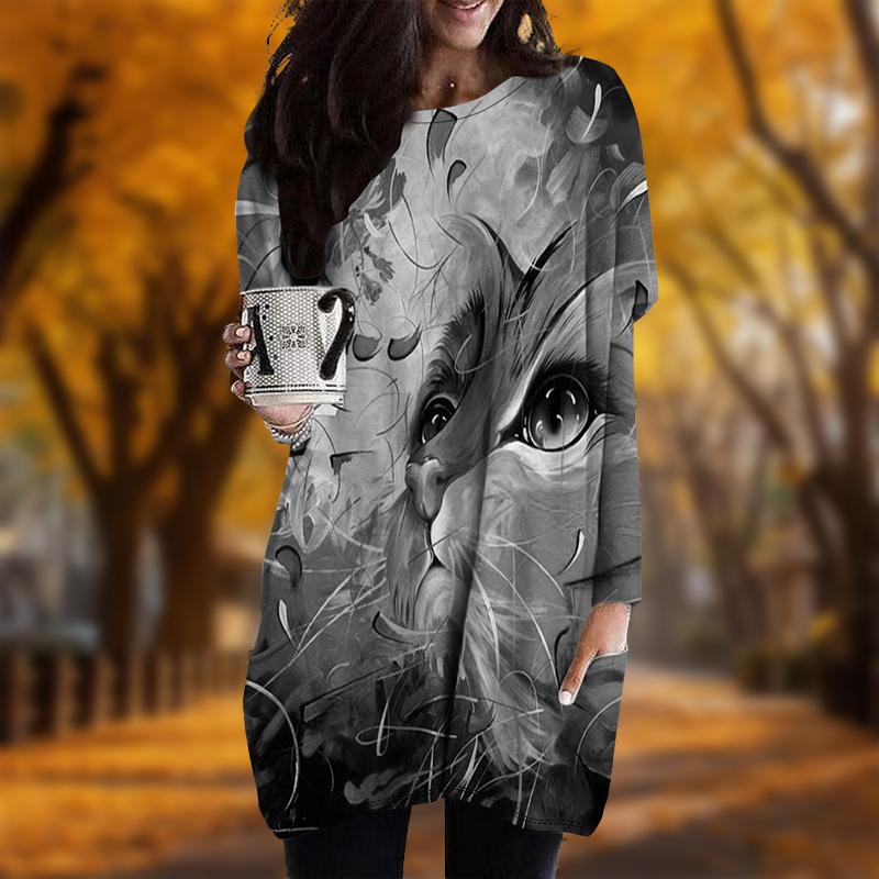 New In Autumn Cat Universe Print Plus Size Dress Women O'neck Long Sleeves Casual Pocket Dresses