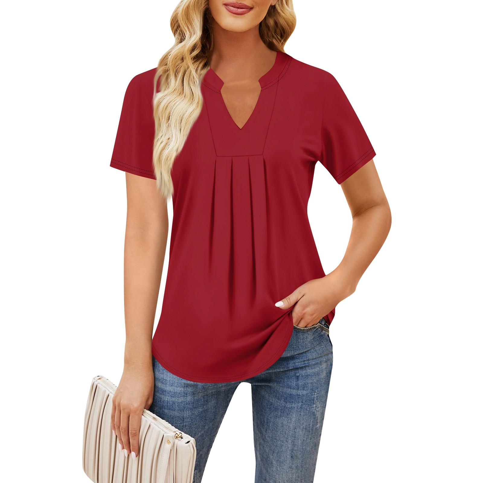 Женская повседневная свободная футболка с коротким рукавом и v-образным вырезом на груди — фото 3