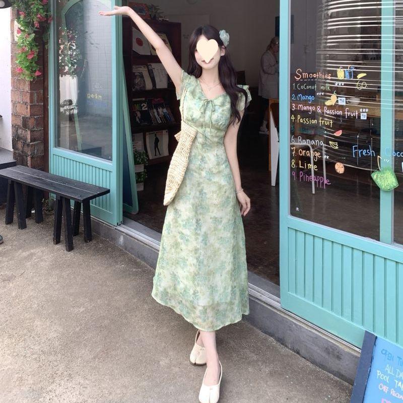 Green Xiaofei Sleeve Floral Dress Women's Summer New Seaside Vacation Sleeveless Waist Long Skirt
