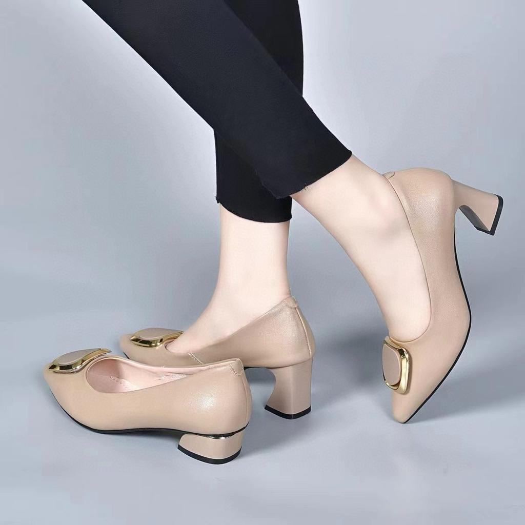 Pointed high heels women's spring and summer new square buckle one-pedal professional dress light mouth single shoes thick heel work shoes